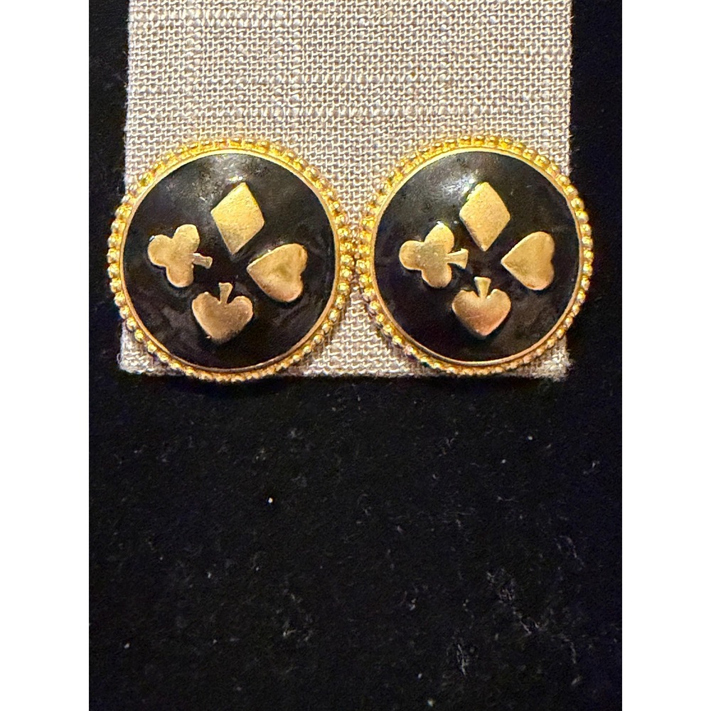 Vintage TRIFARI 1.38" Black Enamel Gold Tone Poker/Card Suits Clip Earrings